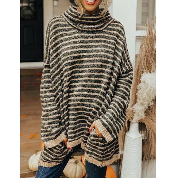 Sweaters - Oversized charcoal and khaki striped turtleneck knit sweater NEW size XL